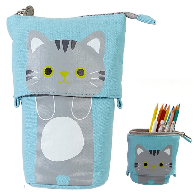 Ytuomzi Telescopic Pencil Pouch Standing Pen Holder Cute Bags Stand Up Case Cartoon Storage Box Canvas+PU Stationery Organizer Makeup Bag With Zipper Closure (Blue) - Image 1